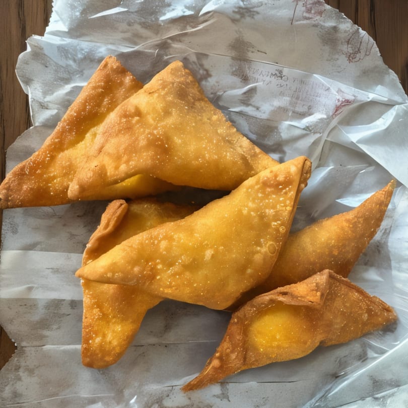 Golden-brown fried wontons, some with visible filling, resting on white paper.