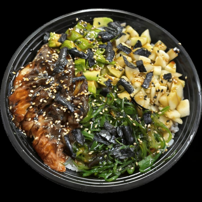 Asian-fusion poke bowl with salmon, avocado, seaweed salad, and diced fruit, topped with sesame seeds.
